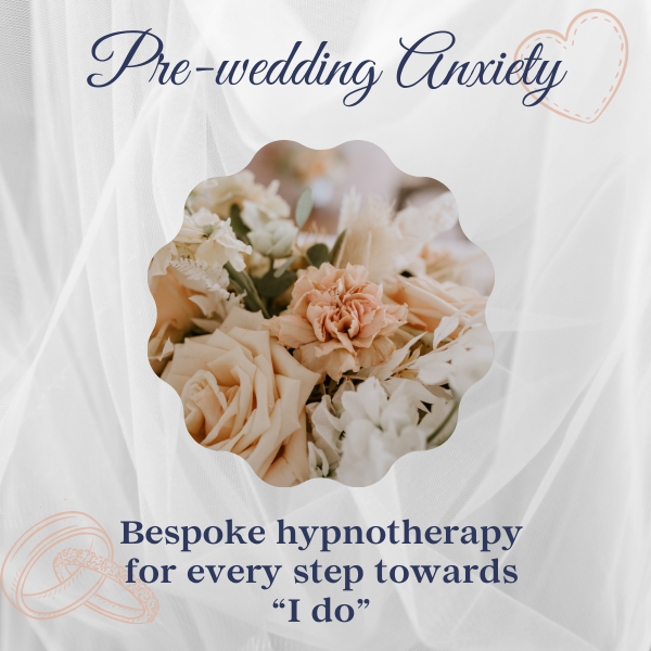 Image featuring a soft, romantic floral arrangement in pastel tones framed in a scalloped circle overlay. The text reads 'Pre-wedding Anxiety' in elegant script at the top, accompanied by a stitched heart graphic. Below, the text states, 'Bespoke hypnotherapy for every step towards "I do",' with wedding rings illustrated in the bottom corners. The background has a delicate white veil-like texture, evoking a bridal theme.