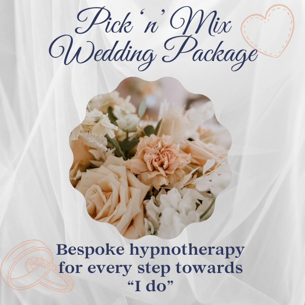 Image featuring a soft, romantic floral arrangement in pastel tones framed in a scalloped circle overlay. The text reads 'Pick 'n' Mix Wedding Package' in elegant script at the top, accompanied by a stitched heart graphic. Below, the text states, 'Bespoke hypnotherapy for every step towards "I do",' with wedding rings illustrated in the bottom corners. The background has a delicate white veil-like texture, evoking a bridal theme.