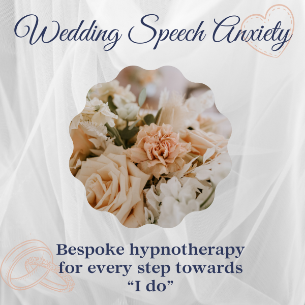 Image featuring a soft, romantic floral arrangement in pastel tones framed in a scalloped circle overlay. The text reads 'Wedding Speech Anxiety' in elegant script at the top, accompanied by a stitched heart graphic. Below, the text states, 'Bespoke hypnotherapy for every step towards "I do",' with wedding rings illustrated in the bottom corners. The background has a delicate white veil-like texture, evoking a bridal theme.