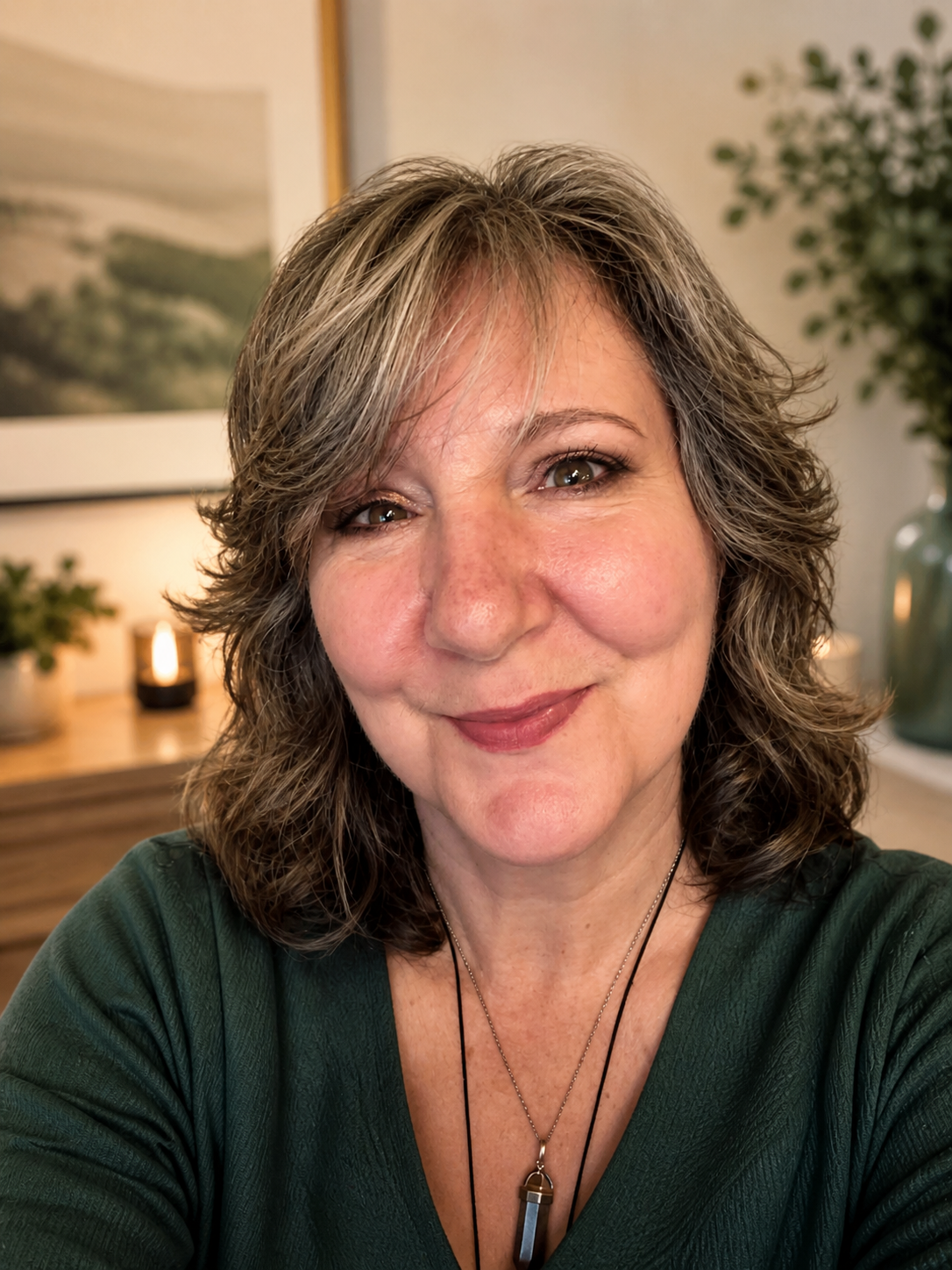 Jane Sandford, Registered Clinical Hypnotherapist. Dark haired lady with smiling eyes.
